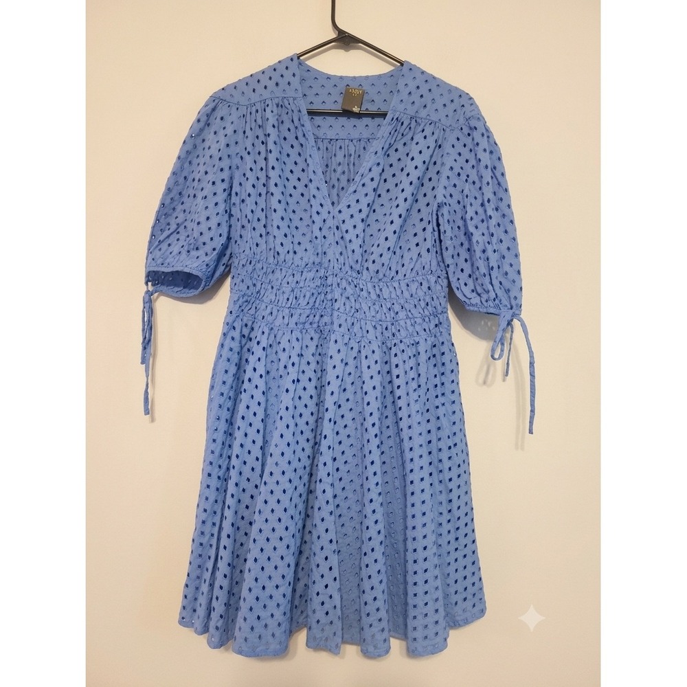 Taylor Blue Eyelet V-Neck Smocked Waist Puff Sleeve Mini Dress Size 12
